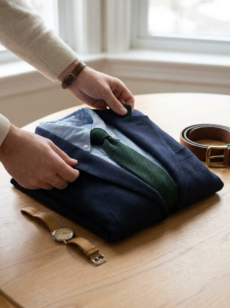 A stylist arranging a curated selection of menswear